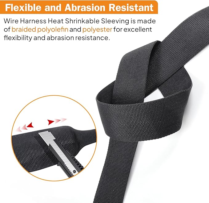2:1 Ratio Flat Heat Shrinkable Braided Sleeving,Electrical Insulating Tubing,Durable Automotive Fabric Harness Shrinking Sheath (3/4"-20ft)
