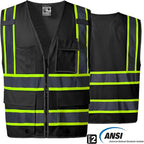 SKSAFETY 10 Pockets Safety Vest, Class 2 High Visibility Security with Zipper Back Mesh, Hi Vis Vest with Reflective Strips, ANSI/ISEA Standard, Construction Work Vest for Men ＆ Women （Black, 3XL）