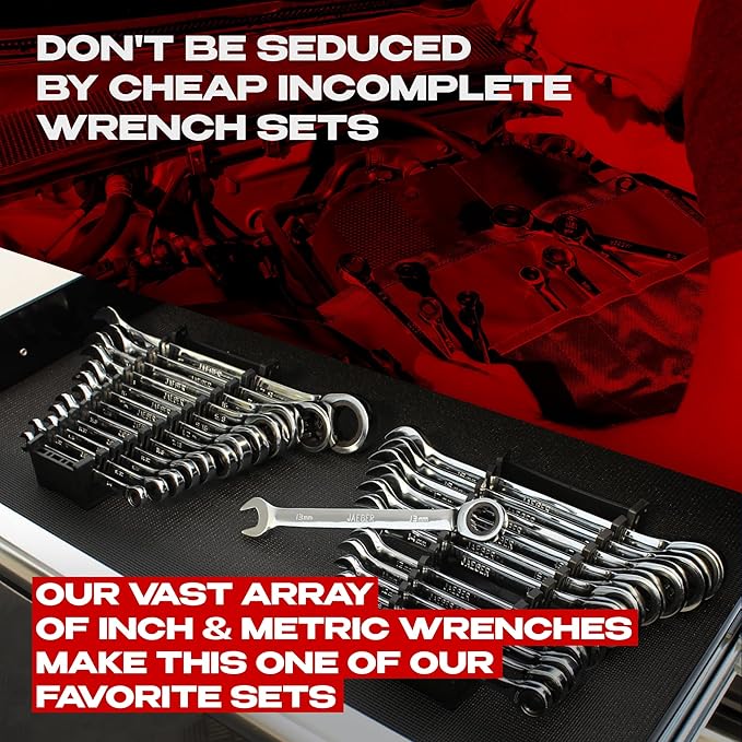 24pc IN/MM TIGHTSPOT Ratcheting Wrench Set - MASTER SET Including Inch & Metric With Quick Access Wrench Organizer - Our standard in combination wrench sets from gear to tip
