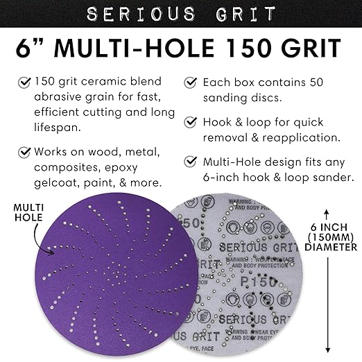 6-Inch 150 Grit Ceramic Multi-Hole Hook & Loop Sanding Discs - Advanced Grain for Fast Cutting & Long Life - Film-Backed Universal Fit Sandpaper for 6-in Sanders - 50 Pack Box