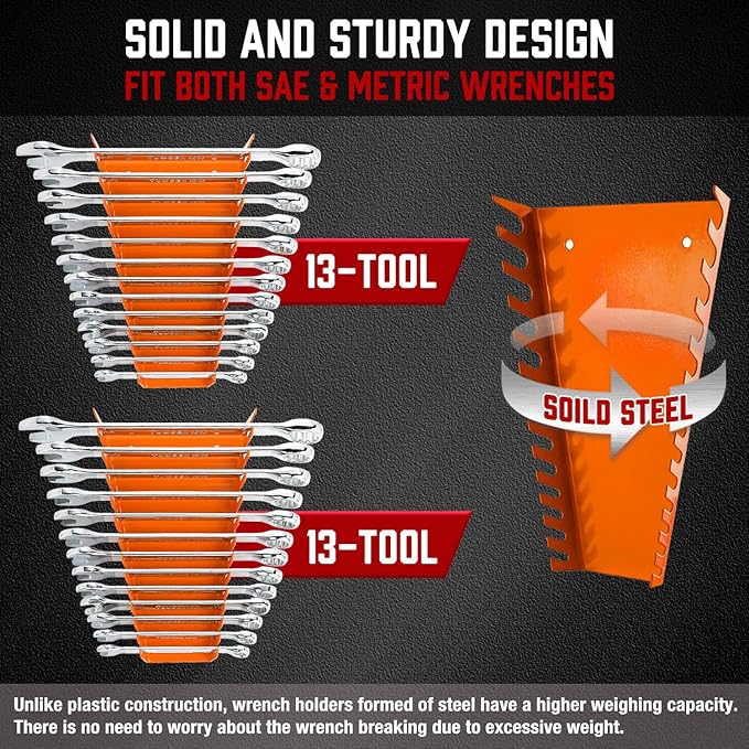 ALOANES 52-Slot Metal Wrench Organizer, Heavy Duty Wrench Organizer Tray for Tool Box, Fit SAE & Metric Wrench Storage, 4 Pack Wrench Holders(Orange)