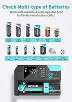 Universal Battery Tester, Dlypow Small Digital Battery Checker with LCD Display for Household Batteries AA AAA C D 9V 18650 CR123A LR44 CR2032 CR2 CRV3 1.5V/3V Button Cell Batteries, Cable Included