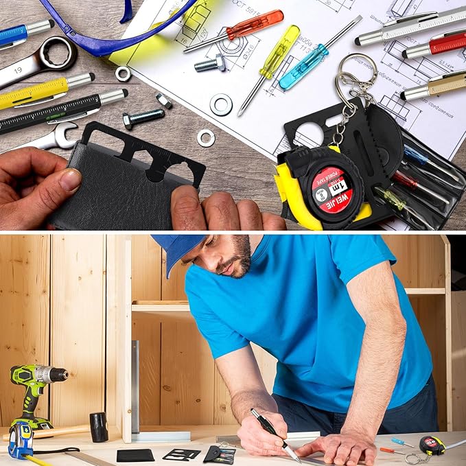 288 Pcs Mini Tape Screwdriver Keychain Set Christmas Men Gifts Bulk Adult Party Favors Multitool Pen Card Tool Measuring Keychains Stocking Christmas Stuffers for Men Dad (Red,Yellow,Blue)
