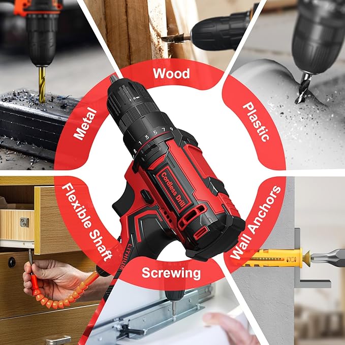 Cordless Drill Set, 20V Power Drill with Power Pack 2.0Ah and Charger, 3/8-Inch Keyless Chuck Electricdrill, 25+1 Torque, 42pcs Drilldriver Bits/Screws for DIY Projects (Red)