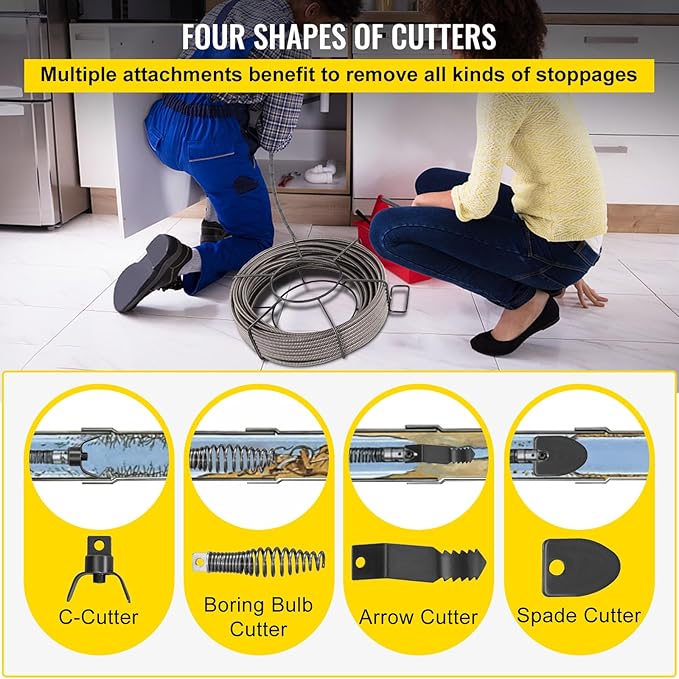VEVOR Drain Cleaning Cable 75ft x 1/2 inch Solid Core Cable Sewer Cable, Drain Auger Cable Cleaner, Snake Clog Pipe Drain Cleaning Cable W/Four Shapes of Cutters