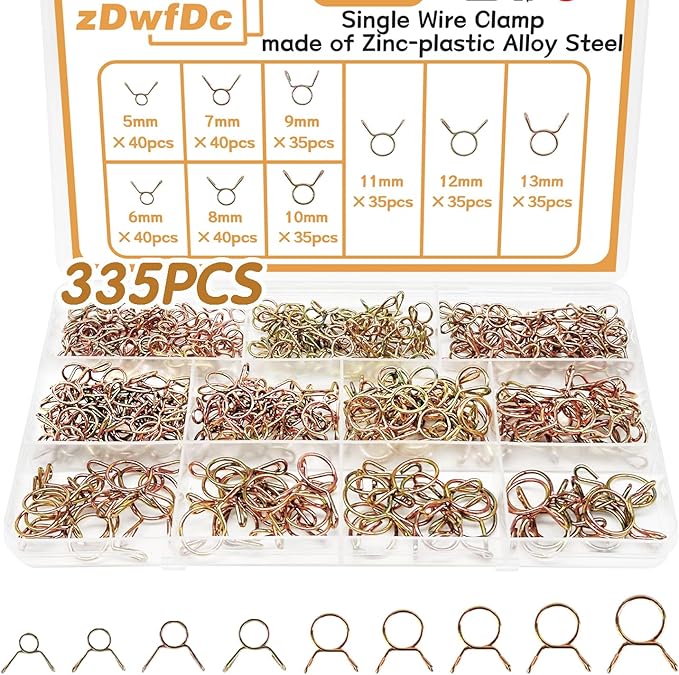 335Pcs 5-13mm Spring Hose Clamps Silicone Vacuum Hose With 9 Sizes Spring Belt Action Water Pipe Clamp Low Pressure Air Clamp Sorting Kit DD007