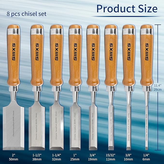 Professional Wood Chisel Set, 8pcs Woodworking Chisel Set with 1pcs Honing Guide, 1pcs Sharpening Stone