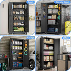 Metal Storage Cabinet with Wheels, Pegboard and 4 Hooks, 73" H Garage Storage Cabinet with 4 Adjustable Shelves and 2 Lockable Doors for Garage Home Office Warehouse, Black, Assembly Required
