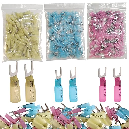 300pcs 22-16 16-14 12-10 AWG Marine Grade Heat Shrink Fork Connectors, ＃10 Tinned Copper Heat Shrink Fork Terminals, Insulated Electrical Spade Crimp Fork Wire Connectors (Mix AWG 22-10)