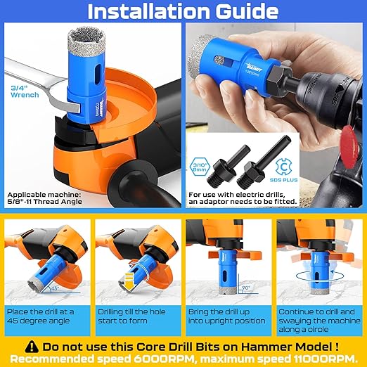 DAIMIT 13-Piece Diamond Drill Bits Set | Vacuum-Brazed Core Hole Saws (5/8"-11 Arbor) for Tile, Marble & Porcelain | Wet/Dry Use | Granite & Glass Cutting Kit