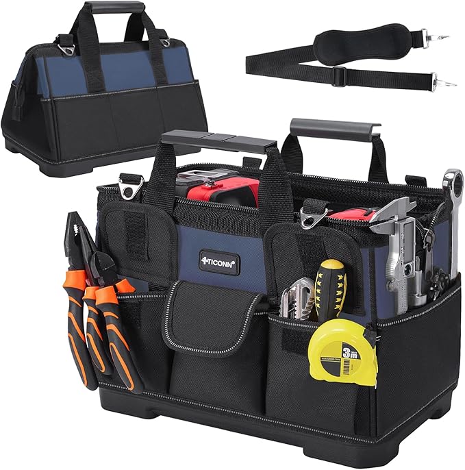 TICONN Heavy Duty Tool Bag with Multi-Pockets, Portable Tool Box Organizer Storage Bag, with Adjustable Shoulder Strap and Ergonomic Handle (Blue, 14" Molded Base)