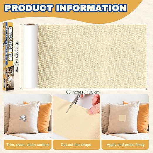 Canvas Repair Tape, 16 x 63 Inch Waterproof Heavy Duty Fabric Tape for Furniture, Self Adhesive Canvas Repair Patches for Boat Covers, Sofas, Tents, Louge Chairs, Canopy, Awning Beige Yellow