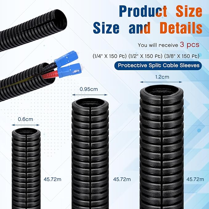 Sasylvia 1/4", 1/2", 3/8" x 150 Ft Split Wire Loom Tubing Automotive Wire Loom Assortment Split Cable Sleeves Bulk Flexible Electrical Conduit Protective Kit
