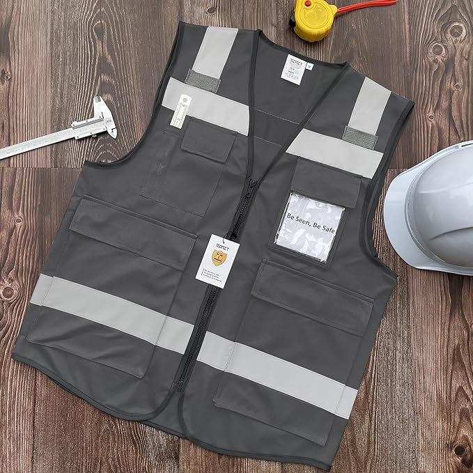 TCCFCCT High Visibility Reflective Safety Vest 5 Pockets - Men & Women, Hi Vis Vest for Construction with Walkie-talkie Strips, ANSI/ISEA Compliant, Grey L