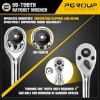 3/8-Inch Drive Ratchet Wrench, 90-Tooth Quick-release Reversible Ratchet Wrench with an Extension Bar(3 inch), 6" Long Socket wrench, 4-Degree Swing, Full Polished,Cr-Mo Head For Gifting,Repairing