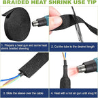 2:1Heat Shrink Wire Loom Braided Cable Sleeves,Heat Resistant Fabric Woven Shrink Tubing Wiring Harness for Protection Automotive,Harness Cable,Cable Management (1/2"-12ft)