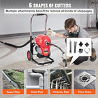 VEVOR Drain Cleaner Machine 120FT x 6/5 Inch, 1100W Electric Sewer Snake Auger Manual Feed - with 6 Cutters and CW/CCW Control for 4" to 8" Pipes