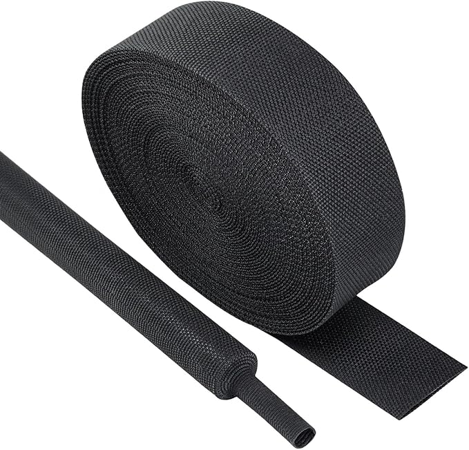Black 2:1 Ratio Automotive Heat Shrink Braided Sleeving,Wear-Resistant Flat Woven Shrinkable Sleeve Fabric Car Cable Wires Hoses Protection (1-1/8"-19ft)