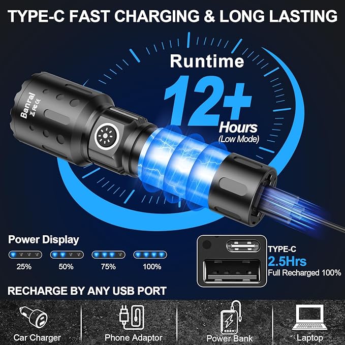 Banral Flashlights High Lumens Rechargeable, Super Bright LED Small Powerful Flashlight with Memory Function, 6Modes Pocket Waterproof Flash Light for Camping,Hiking (1, Black)