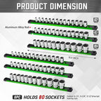 ALOANES 6-Piece Magnetic Socket Organizer, Heavy Duty Aluminum Socket Rails Organizer, 360° Swivel Clips Socket Holder Kit for Tool Box, 1/2, 3/8, 1/4-Inch Socket Holder x 80 Clips (Green)
