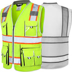 JKSafety 10 Pockets Class 2 Hi-Vis Zipper Front Safety Vest | Cushioned Collar | High Reflective Tapes with Extended Neon Orange Strips | Meets ANSI/ISEA Standards (3X-Large, 89-Yellow)