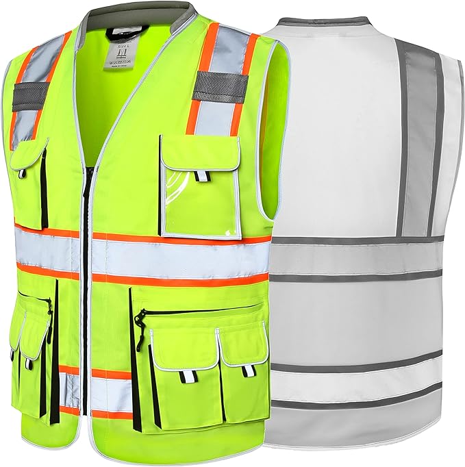 JKSafety 10 Pockets Class 2 Hi-Vis Zipper Front Yellow Safety Vest | Cushioned Collar | High Reflective Tapes with Extended Neon Orange Strips | Meets ANSI/ISEA Standards (X-Large, 89-Yellow)
