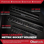 Olsa Tools Magnetic Socket Organizer | 3 Piece Socket Holder Kit | 1/2-Inch, 3/8-Inch, & 1/4-Inch Drive | Metric Black | Holds 75 Sockets | Professional-Grade
