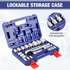 WORKPRO 22-Piece Socket Set with 3-in-1 Ratchet Handle, 1/4, 3/8, 1/2 Inch Drive Socket Wrench, CR-V Metric Socket Set, Extension Bars, Storage Box Included, Mechanics Tool Sets for Auto Repairing