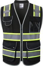 JKSafety 9 Pockets Hi-Vis Black Safety Vest for Men Women High Visibility Reflective Construction Mesh Fabric Cushioned Collar Work Utility PPE Work Gear ANSI/ISEA compliant (101-Black XL)