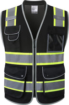 JKSafety 9 Pockets Hi-Vis Black Safety Vest for Men Women High Visibility Reflective Construction Mesh Fabric Cushioned Collar Work Utility PPE Work Gear ANSI/ISEA compliant (101-Black 3XL)