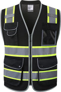 JKSafety 9 Pockets Hi-Vis Black Safety Vest for Men Women High Visibility Reflective Construction Mesh Fabric Cushioned Collar Work Utility PPE Work Gear ANSI/ISEA compliant (101-Black L)