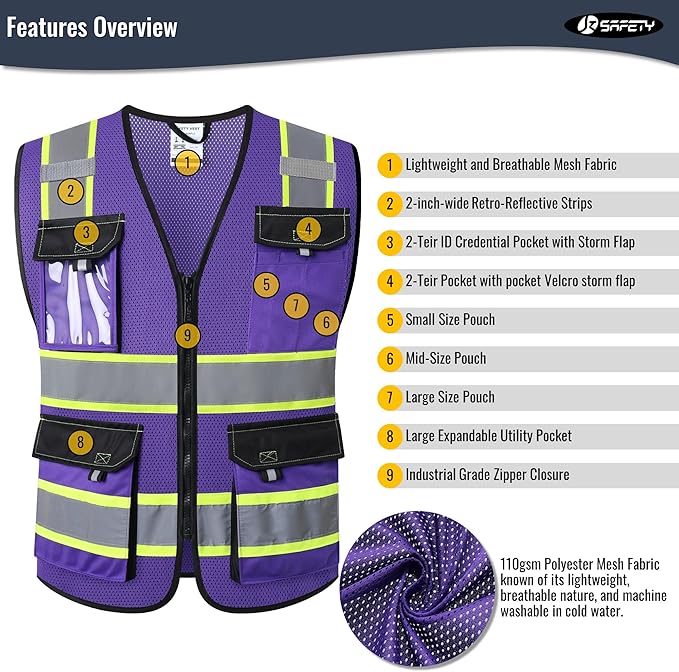 JKSafety Hi Vis Reflective Safety Vests for Men Women High Visibility Vest with Pockets Mesh Fabric Construction Safety Apparel Neon Vest for Work (220-PurpleB M)