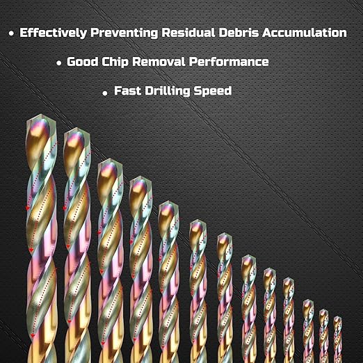 Lichamp Drill Bit Set, 21Pcs M2 HSS Cobalt Drill Bits from 1/16" to 3/8" for Metal, Cast Iron, Stainless Steel and Plastic with Durable Index Metal Storage Case, Colorful Titanium Plating