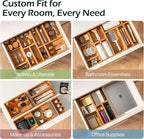5-Piece Bamboo Drawer Organizer Set, 2.2" Deep | Multi-Use Organizers for Utensils, Silverware, Cutlery, Desk, Bathroom, Junk Drawer & Makeup, Non-Slip Feet Included.