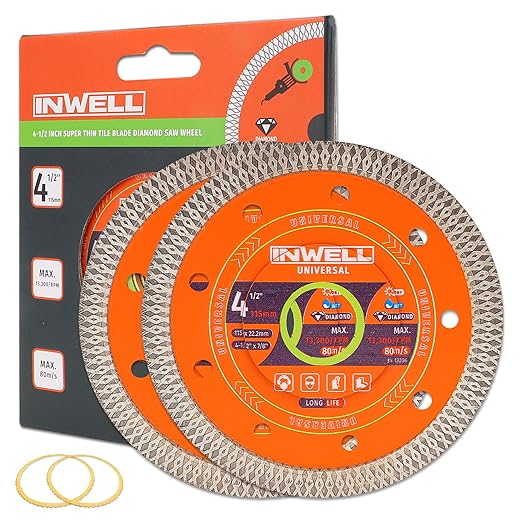 4.5 Inch Diamond Saw Blade, 2 Pack - Mesh Turbo Cutting Wheel for Tile, Porcelain, Ceramic, Granite, Marble - 10mm Segment, Super Thin 1.2mm, 7/8" Arbor with Flange - Dry or Wet Cutting