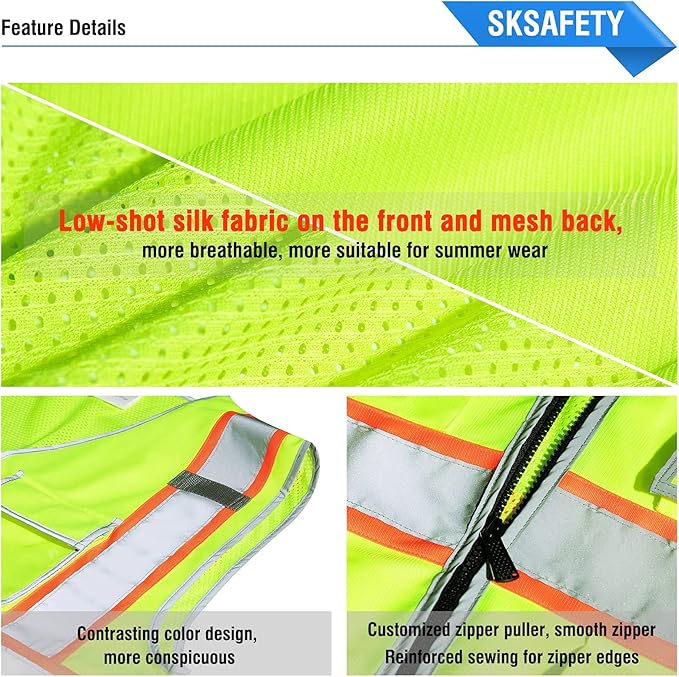 SKSAFETY 10 Pockets Safety Vest, Class 2 High Visibility Security with Zipper Back Mesh, Hi Vis Vest with Reflective Strips, ANSI/ISEA Standard, Construction Work Vest for Men ＆ Women （Lime, XL）