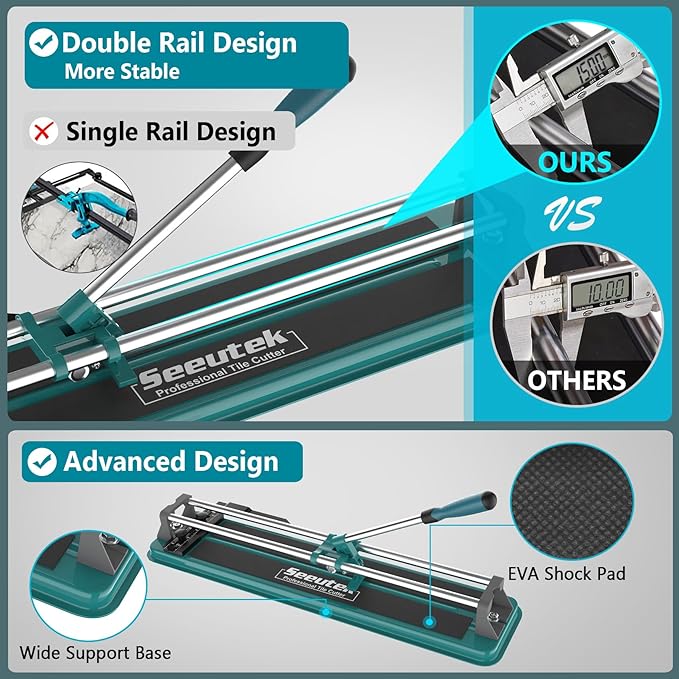 Seeutek Manual Tile Cutter, 17 inch Professional Porcelain Ceramic Tile Cutter, Double Rails Design Tile Cutter Tool with Tungsten Carbide Cutting Wheel