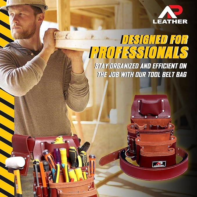 Pro-015 Leather Tool Pouch for Construction,Heavy Duty Hammer Holder,Buckle,3 Pocket Large with Belt, 12 Small Pocket, Tool Organizer