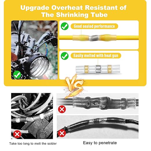Kuject 250PCS Solder Seal Wire Connectors AWG 12-10, Yellow Solder Seal Heat Shrink Butt Connectors Terminals Solderstick Sleeve Waterproof Wire Splice Connector for Marine Boat Wire Joint