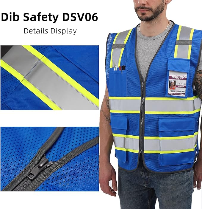 Dib Safety Reflective Mesh Vest High Visibility Two Tone with Pockets and Zipper, Blue Mesh with Yellow Trim L