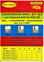 FTG USA 12 Pc #4 (7/64") Countersink Drill Bit Set with Depth Stop Collar, Hex Wrench - Tapered Drill Bits for Wood