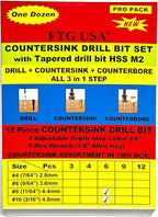 FTG USA Countersink Drill Bit Set 6 Pc #8 (11/64"), 6 Pc #10 (3/16") Tapered Countersink Bit, Stop Collar, Hex Wrench, Woodworking Countersink Drill Bits