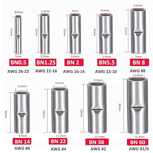 10 PCS Non-Insulated Butt Connectors Kit, AWG #4 Wire Ferrules, Electrical Wire Connectors Crimp Ferrule Terminals Kit-BN22