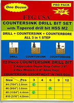 FTG USA Countersink Drill Bit Set for Wood with Tapered Drill Bit 3 Pc #4 (7/64"), 6 Pc #6 (9/64"), 3 Pc #8 (11/64")