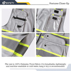 JKSafety 9 Pockets Hi-Vis Fluorescent Color Zipper Front Safety Vest with Neon Color Extended Yellow Trims for Men and Women Work Safety Utility (901-Grey XL)