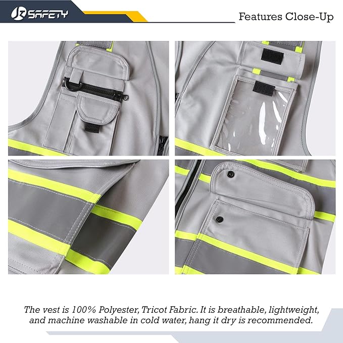 JKSafety 9 Pockets Hi-Vis Fluorescent Color Zipper Front Safety Vest with Neon Color Extended Yellow Trims for Men and Women Work Safety Utility (901-Grey L)