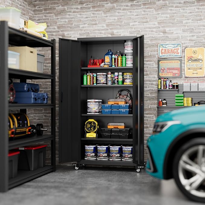 Metal Garage Storage Cabinet with Wheels, 73'' Steel Cabinets on Wheels for Office School Home Warehouse Utility Room Garage, Assembly Require,Black
