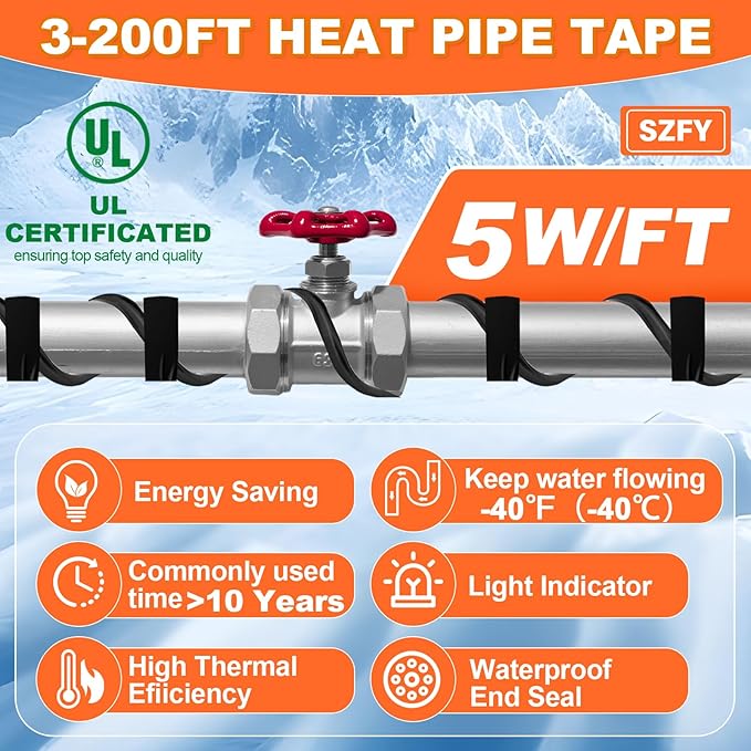 3FT Heat Tape for Water Pipes, -40°F Deicing Cable,Pipe Heating Cables for Roof,Gutter，Farm，Freeze Protetion Heat Trace Cable, Heated Water Hose,Plumbing Fixtures,120V 5W/FT