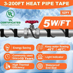 24FT Heat Tape for Water Pipes, -40°F Deicing Cable,Pipe Heating Cables for Roof,Gutter，Farm，Freeze Protetion Heat Trace Cable, Heated Water Hose,Plumbing Fixtures,120V 5W/FT