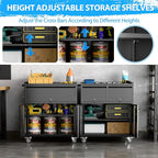 Metal Garage Storage Cabinet with Wheels and Pegboard, 35.4" H Lockable Tool Storage Cabinet with One Drawer, Adjustable Shelf and 4 Hooks for Garage, Warehouse, Black